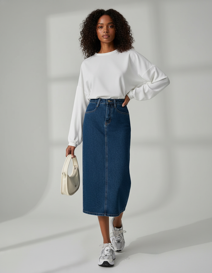Jupe Jean Midi Taille Haute Chic