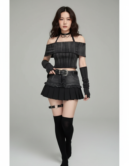 Jupe Jean Délavée Plissée Goth