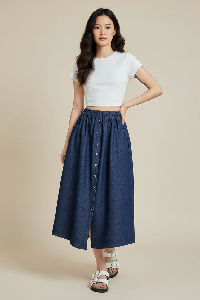 Jupe Jean Midi Taille Élastique Décontractée