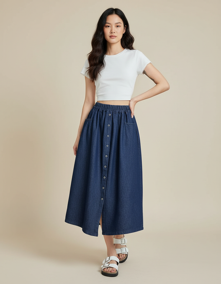 Jupe Jean Midi Taille Élastique Décontractée