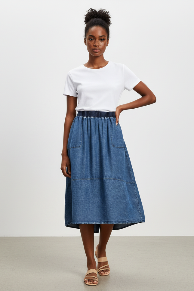 Jupe Jean Midi Taille Élastique Décontractée Stretch