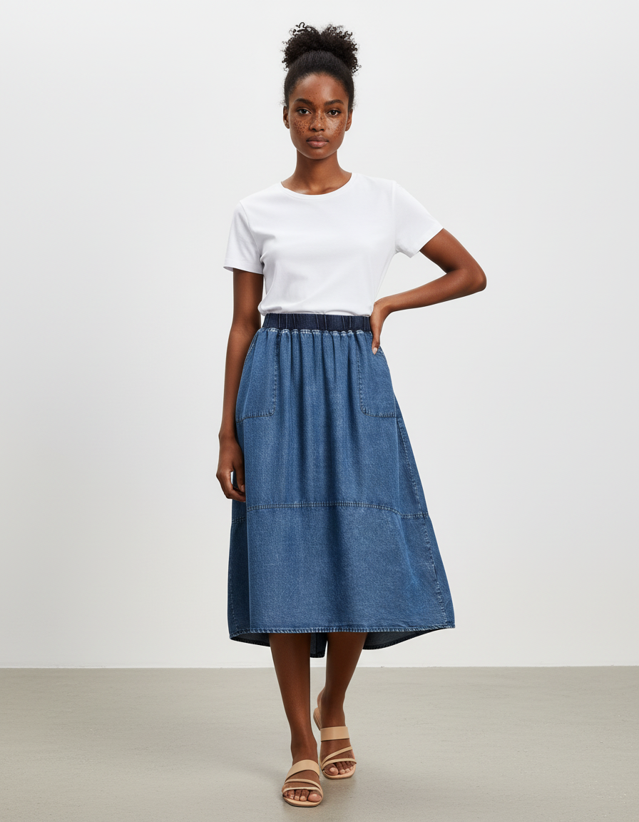 Jupe Jean Midi Taille Élastique Décontractée Stretch
