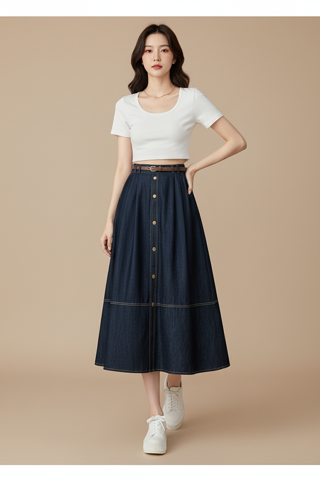 Jupe Jean Bleu Foncé Évasée Décontractée