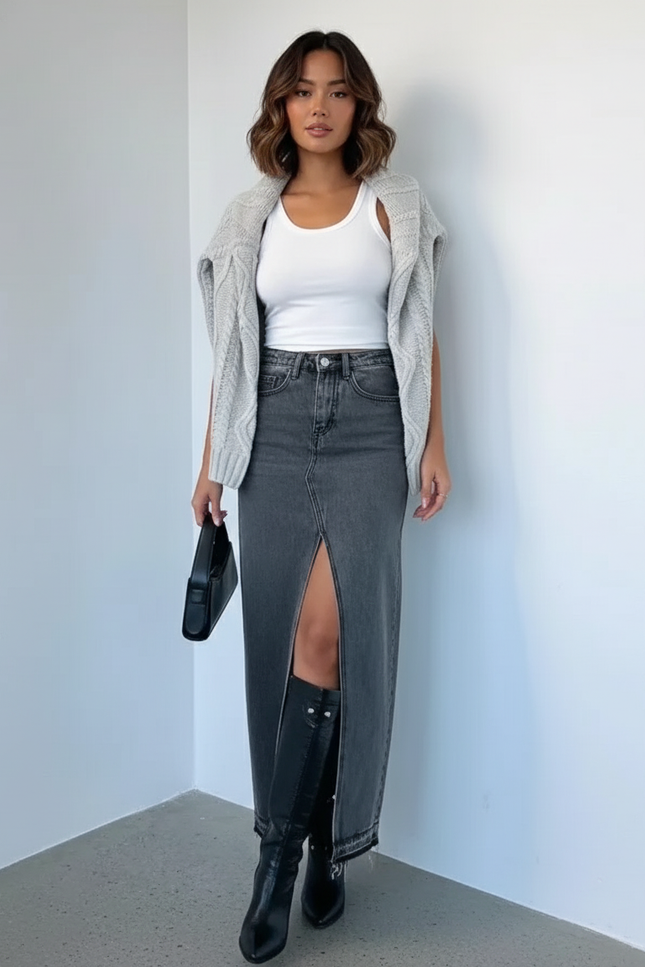 Jupe En Jean Gris Mi-Longue