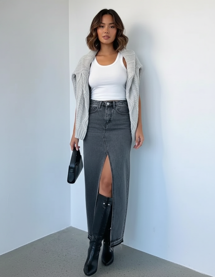 Jupe En Jean Gris Mi-Longue