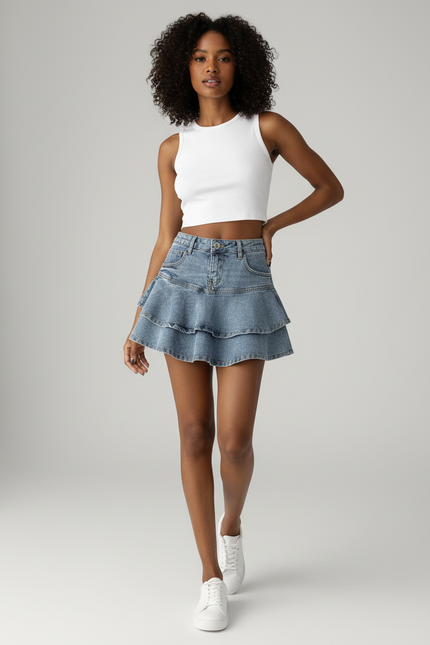 Jupe Jean Mini Volants Décontractée