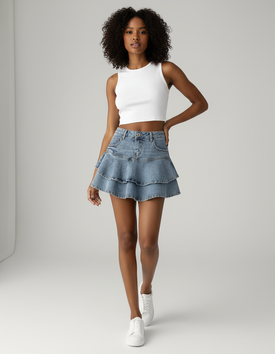 Jupe Jean Mini Volants Décontractée