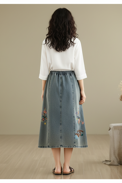 Jupe Jean Brodée Midi Bohème