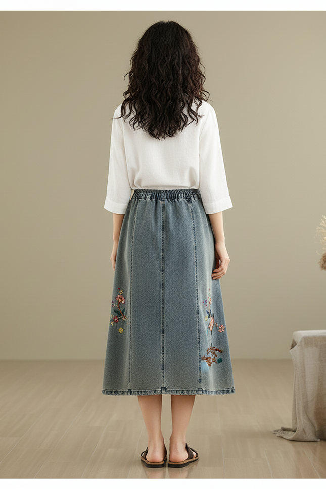 Jupe Jean Brodée Midi Bohème