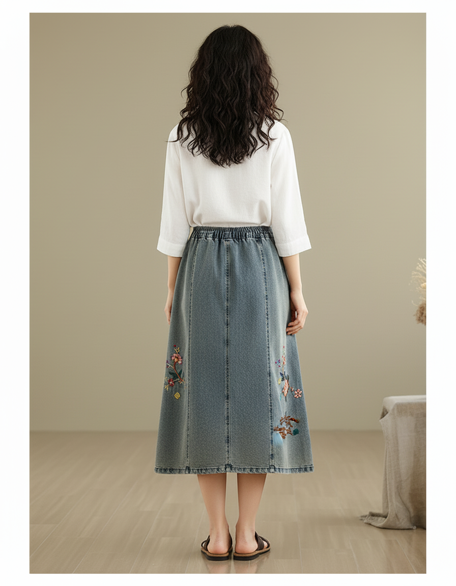 Jupe Jean Brodée Midi Bohème