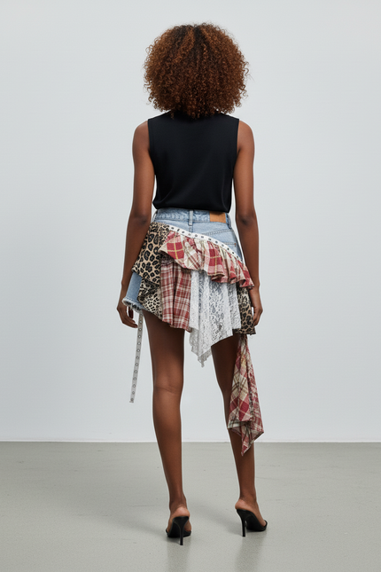 Jupe Jean Patchwork Léopard Chic