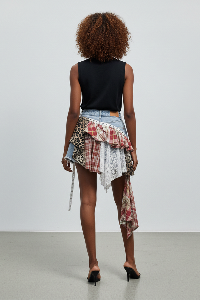 Jupe Jean Patchwork Léopard Chic