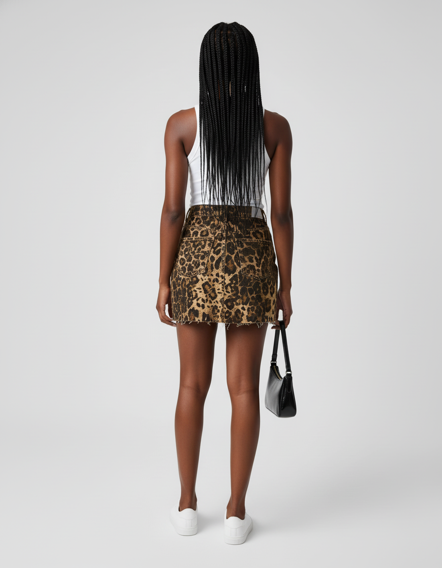 Jupe Jean Imprimé Léopard Frangée Chic