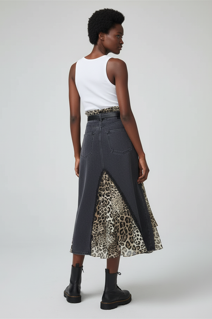 Jupe Jean Grise Patchwork Léopard Élégante