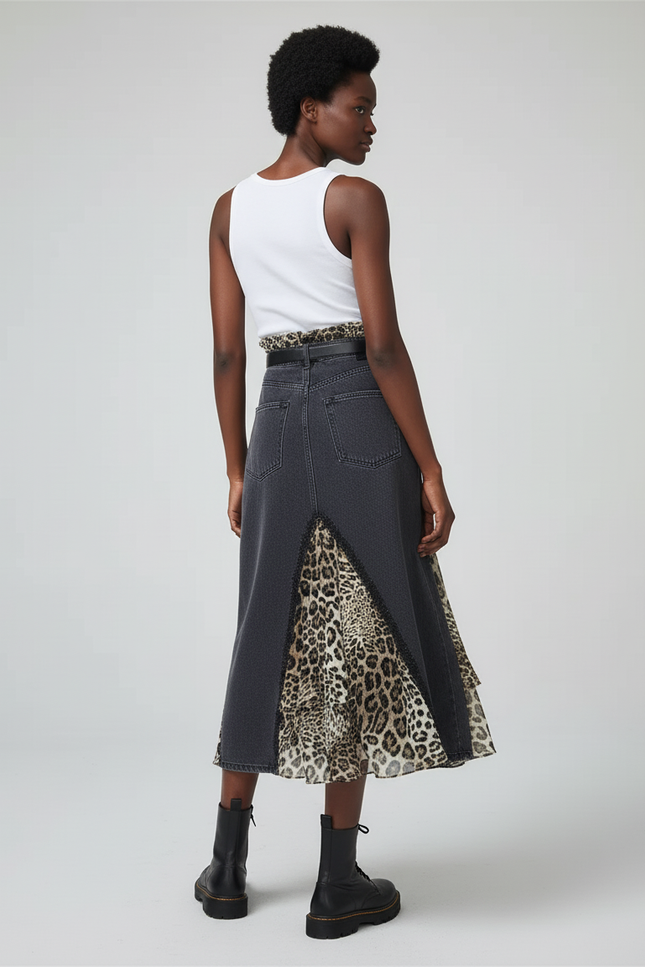 Jupe Jean Grise Patchwork Léopard Élégante