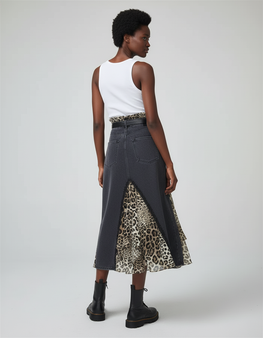 Jupe Jean Grise Patchwork Léopard Élégante