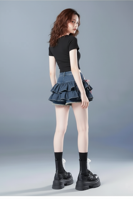 Jupe Jean Mini À Volants Fluide