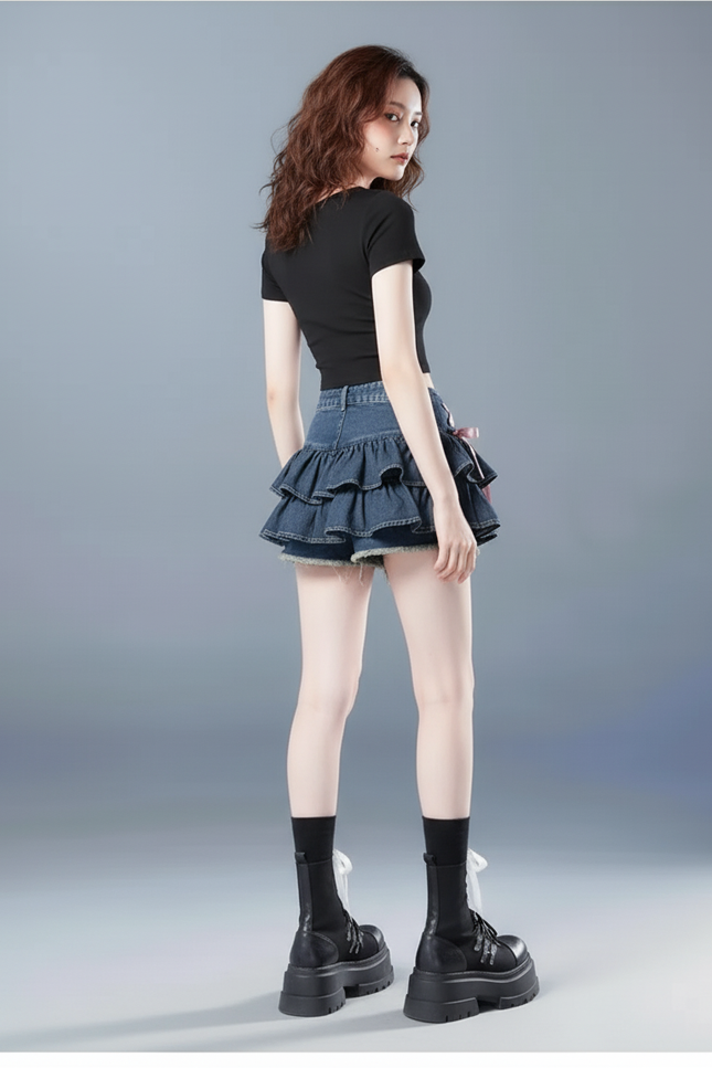 Jupe Jean Mini À Volants Fluide