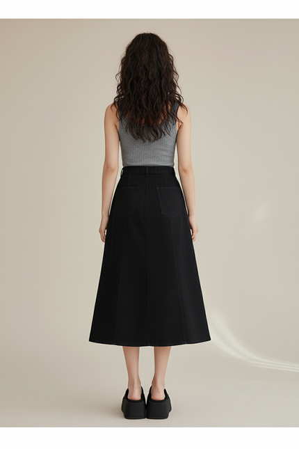 Jupe Jean Noire Frangée Taille Haute Chic