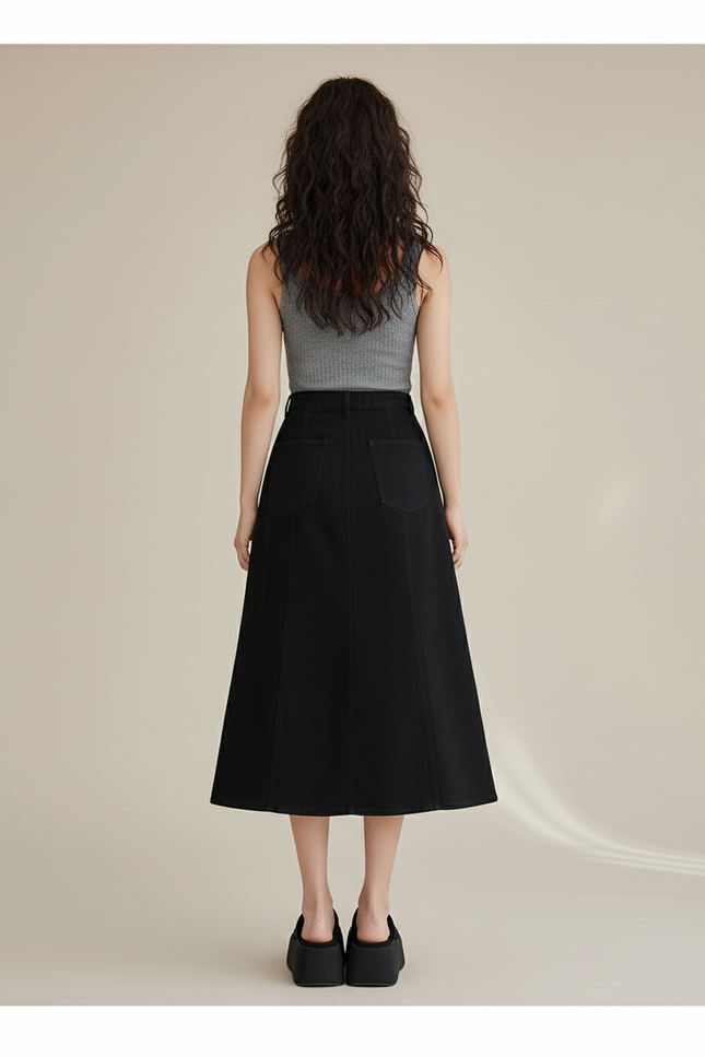 Jupe Jean Noire Frangée Taille Haute Chic