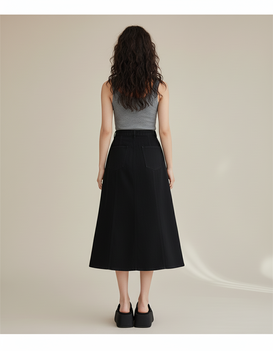 Jupe Jean Noire Frangée Taille Haute Chic