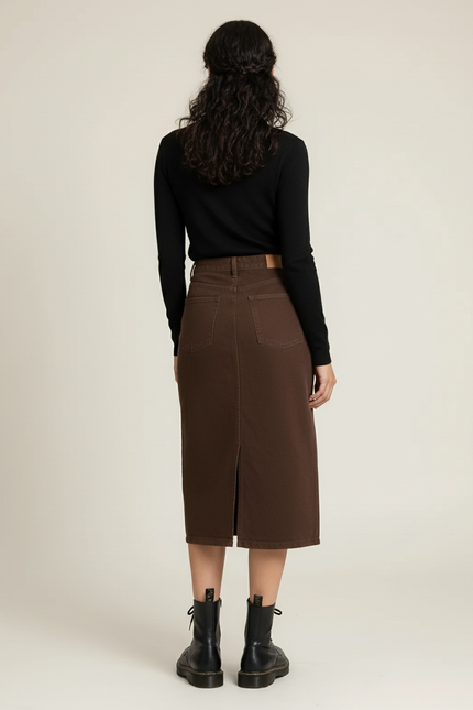 Jupe Jean Marron Droite Fendue Chic