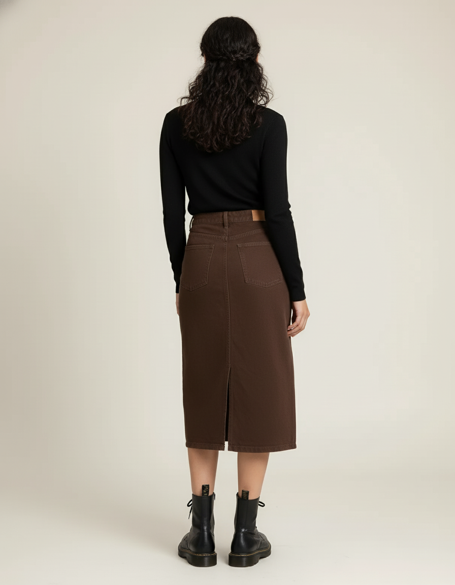 Jupe Jean Marron Droite Fendue Chic