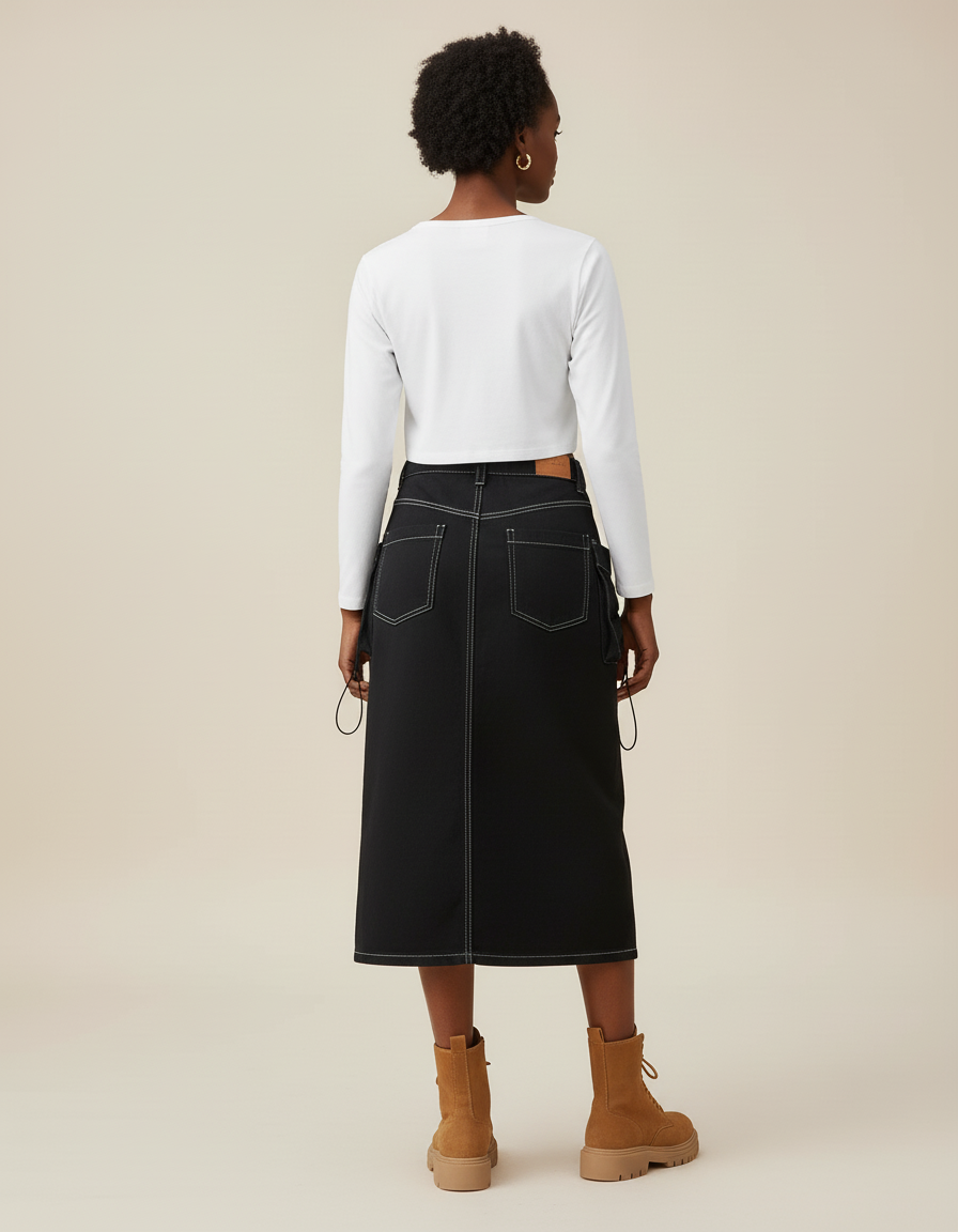 Jupe Jean Noire Cargo Décontractée Stylée