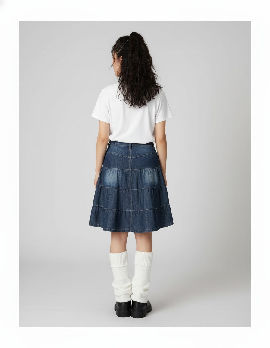 Jupe Jean Bleue Étagée Fluide