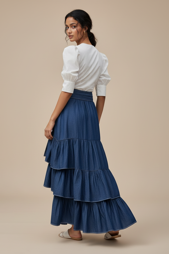 Jupe Jean À Volants Asymétrique Fluide