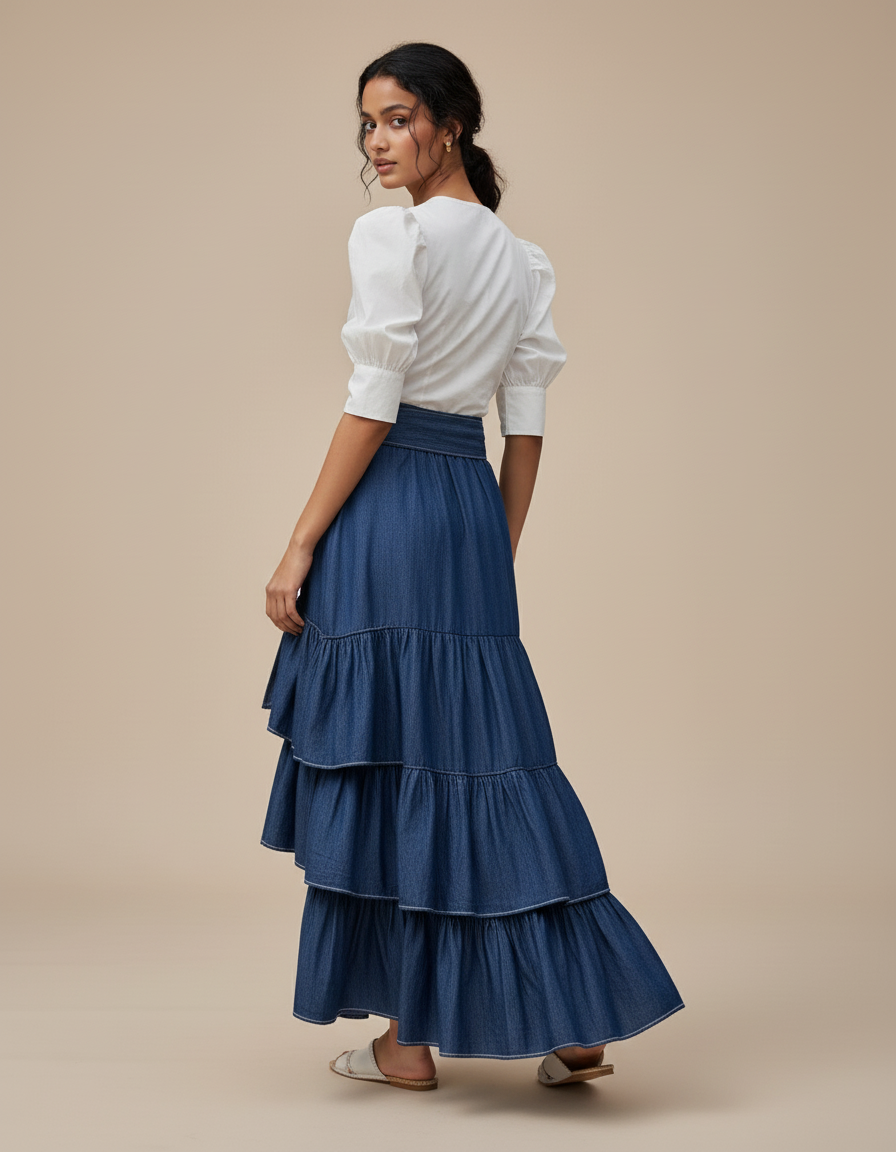 Jupe Jean À Volants Asymétrique Fluide