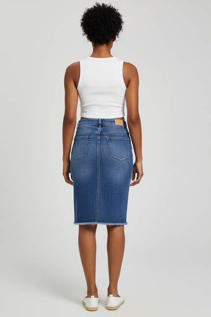 Jupe Jean Taille Haute Frangée Décontractée