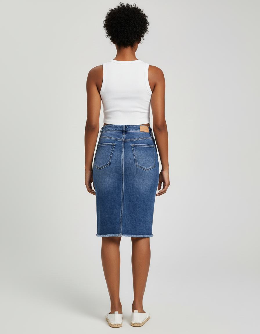 Jupe Jean Taille Haute Frangée Décontractée