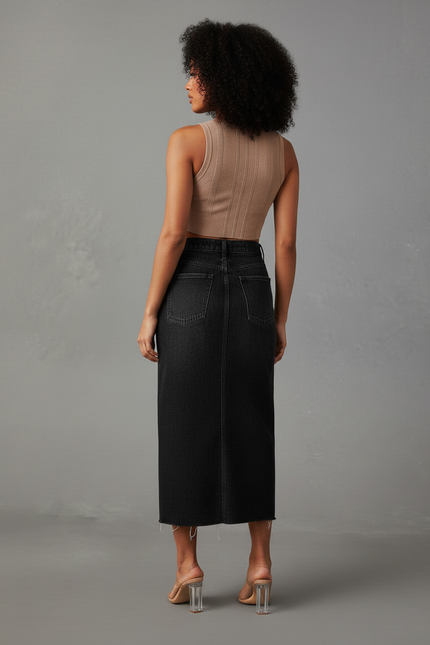 Jupe Jean Noire Fendue Chic Sobre