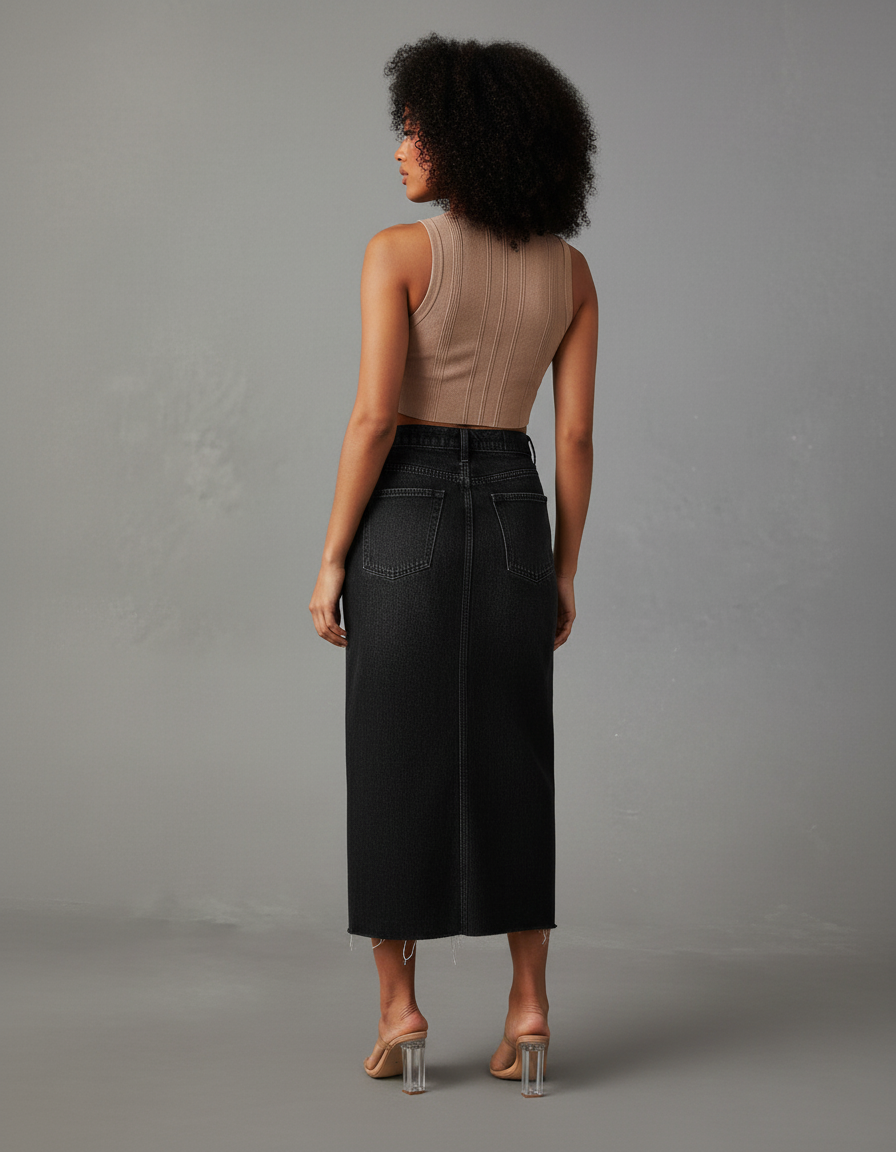 Jupe Jean Noire Fendue Chic Sobre