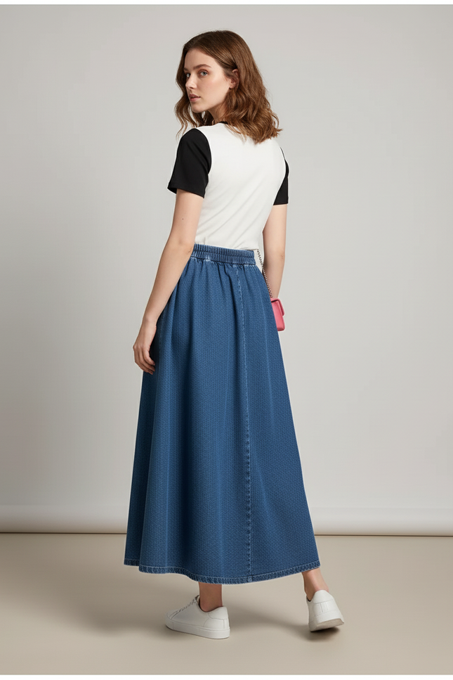 Jupe Jean Midi Taille Haute Plissée