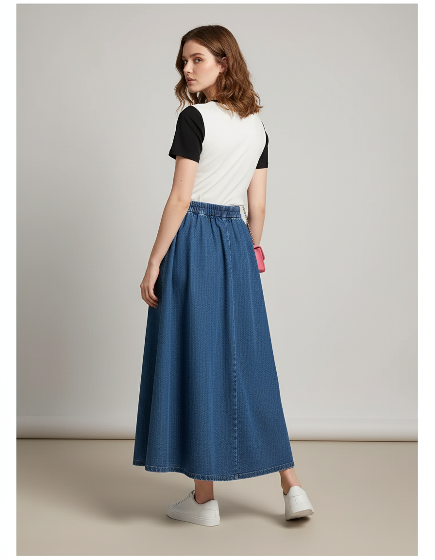 Jupe Jean Midi Taille Haute Plissée