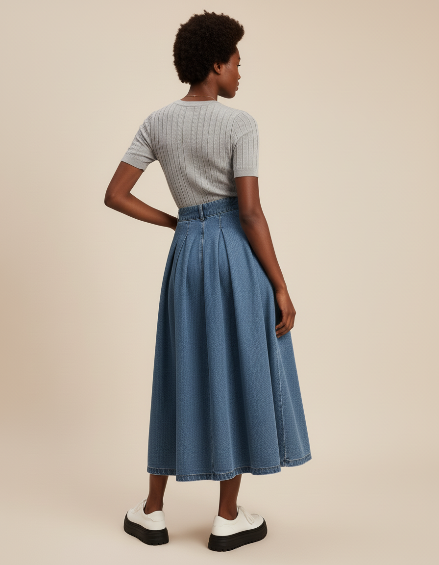 Jupe Jean Plissée Midi Chic Féminine