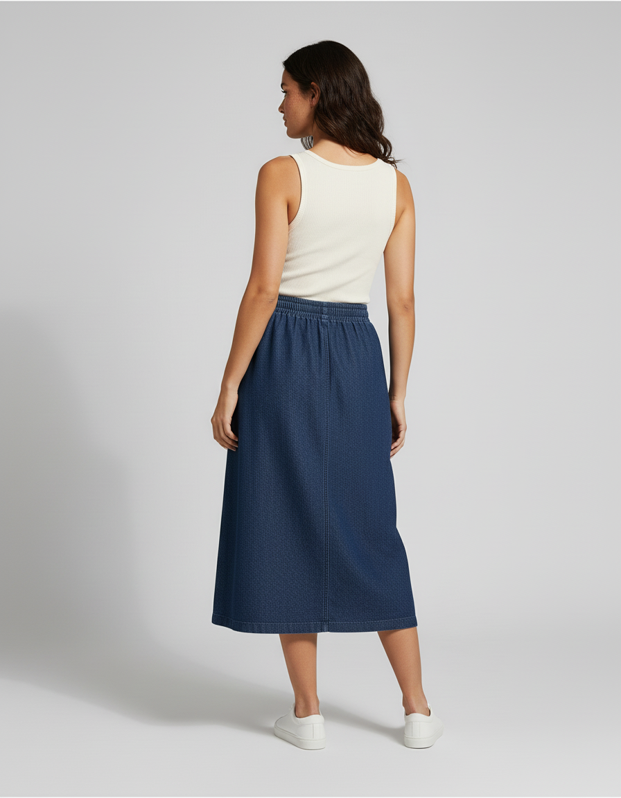 Jupe Jean Mi-Longue Effet Portefeuille Fluide