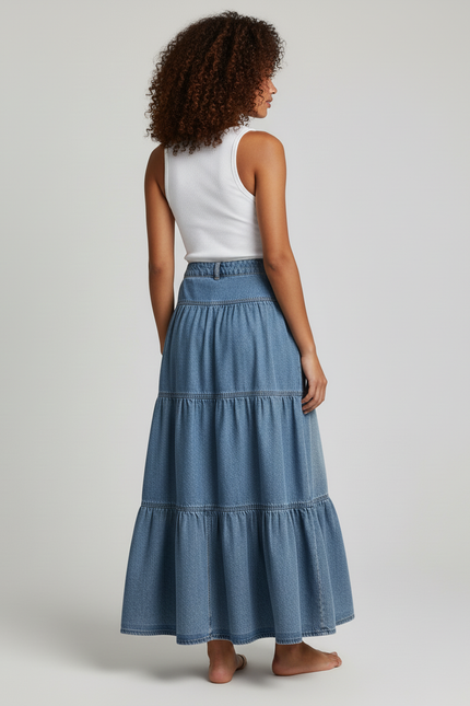 Jupe Jean Longue À Volants Bohème