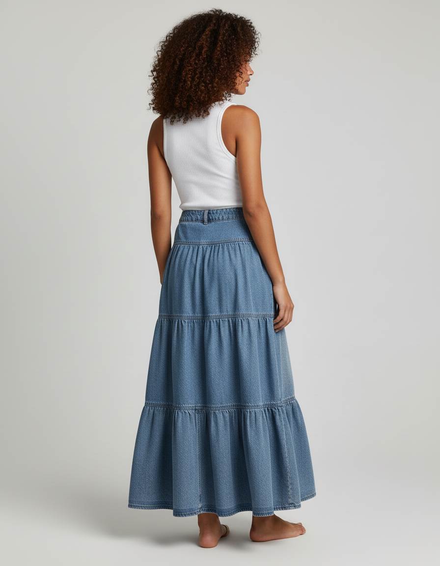 Jupe Jean Longue À Volants Bohème