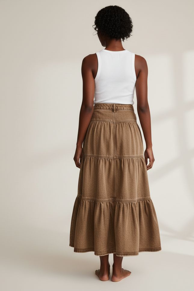 Jupe Jean Marron À Volants Bohème