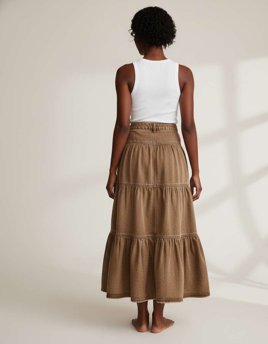 Jupe Jean Marron À Volants Bohème