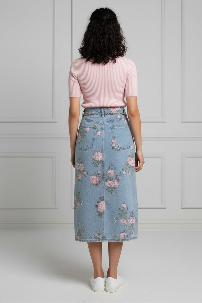 Jupe Jean Denim Clair Motif Floral Bohème