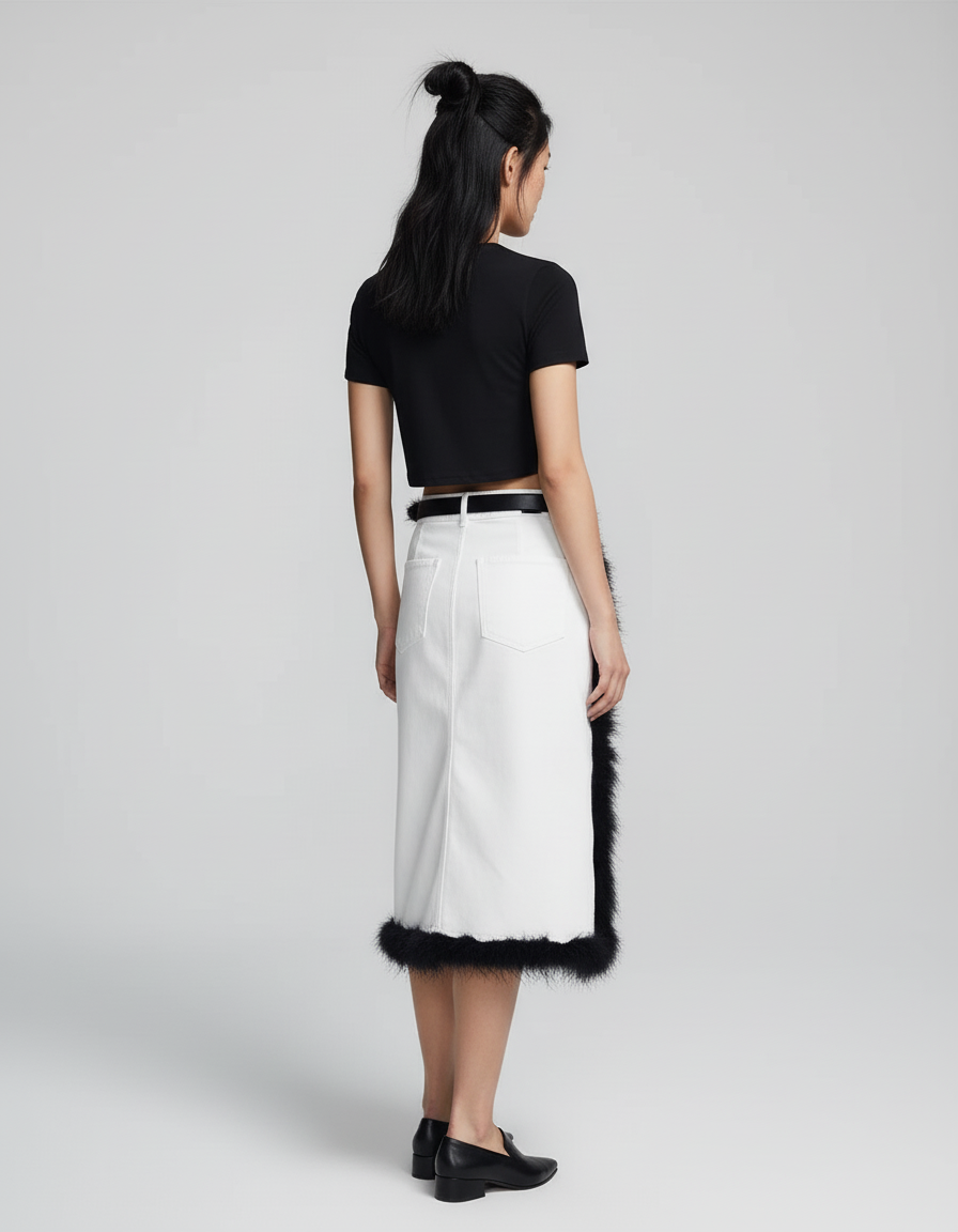 Jupe Jean Blanc Bordure Fourrure Chic