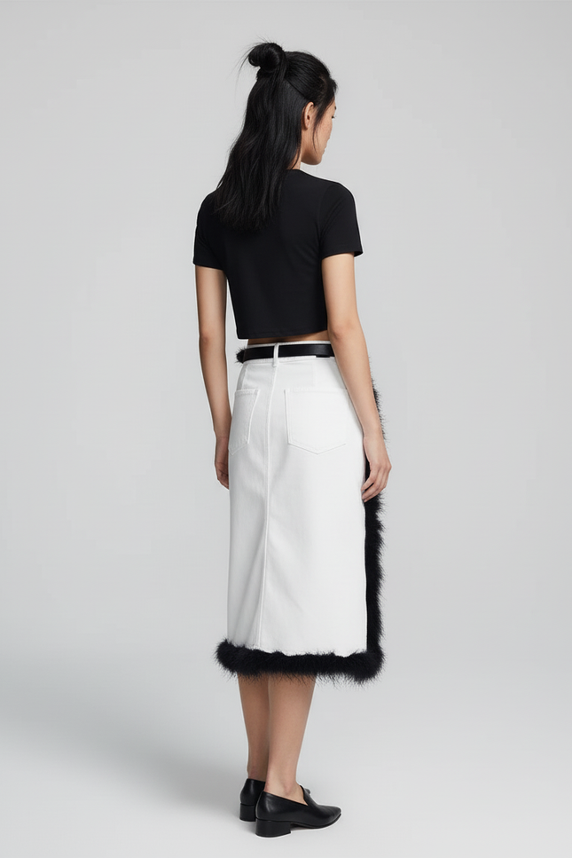 Jupe Jean Blanc Bordure Fourrure Chic