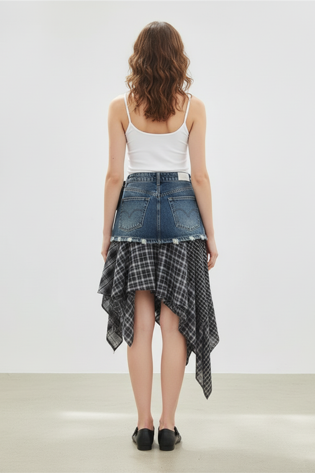 Jupe Jean Asymétrique Carreaux Chic
