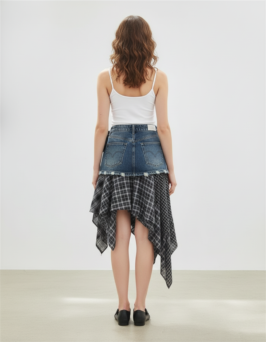 Jupe Jean Asymétrique Carreaux Chic