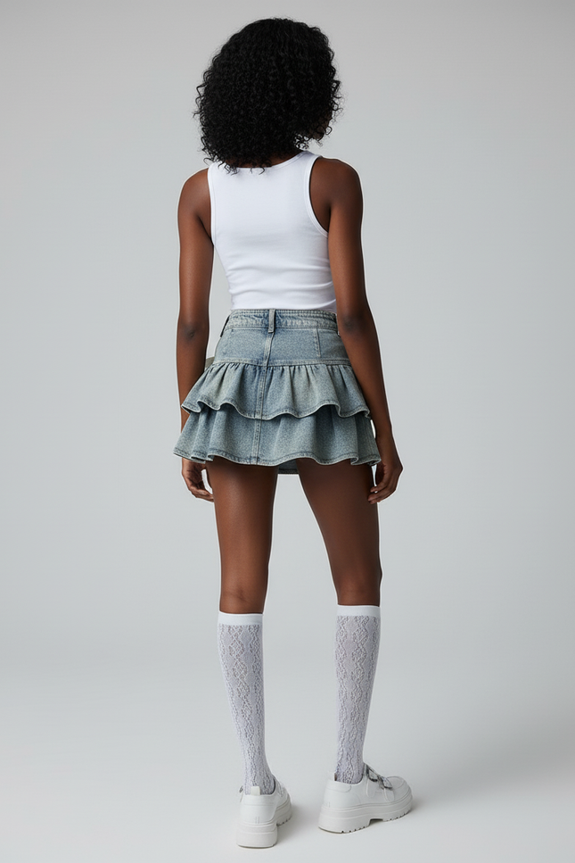 Jupe Jean Délavée À Volants Kawaii