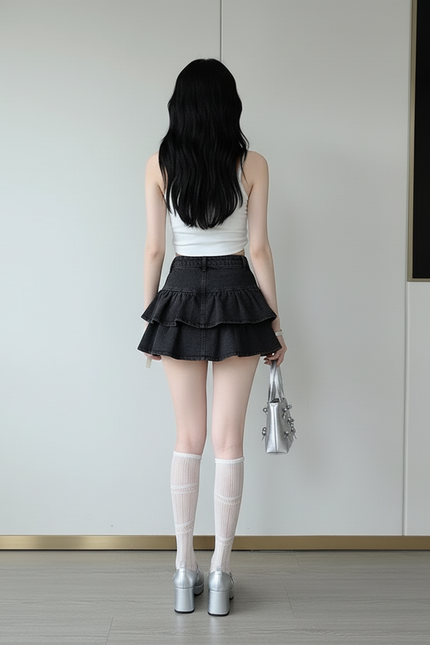 Jupe Jean Noire À Volants Kawaii